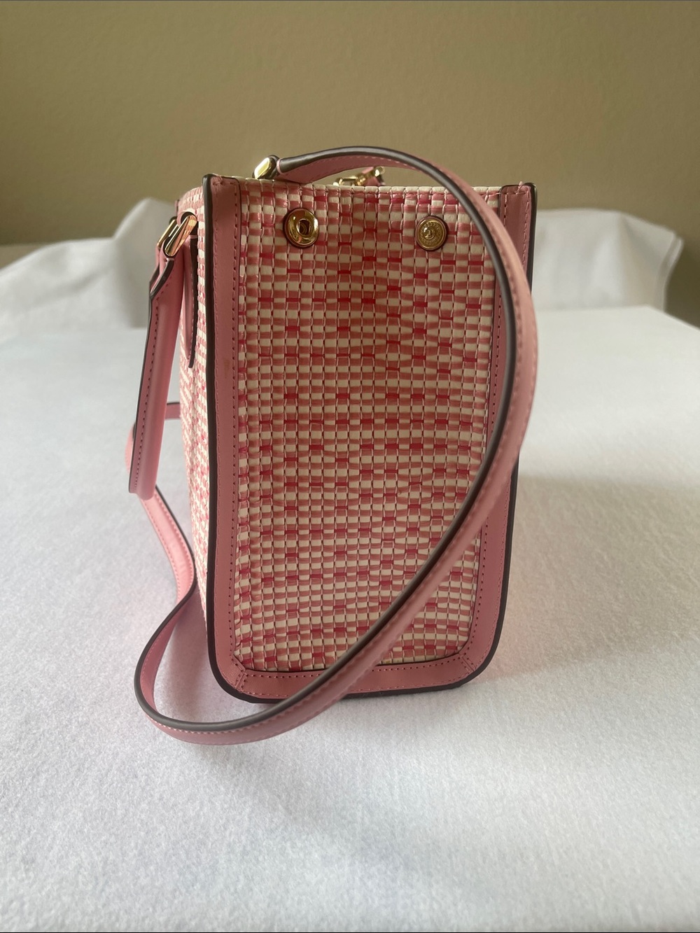 kate spade Pink and Cream Woven Top-Handle Satchel with Crossbody Strap - Picture 3 of 11